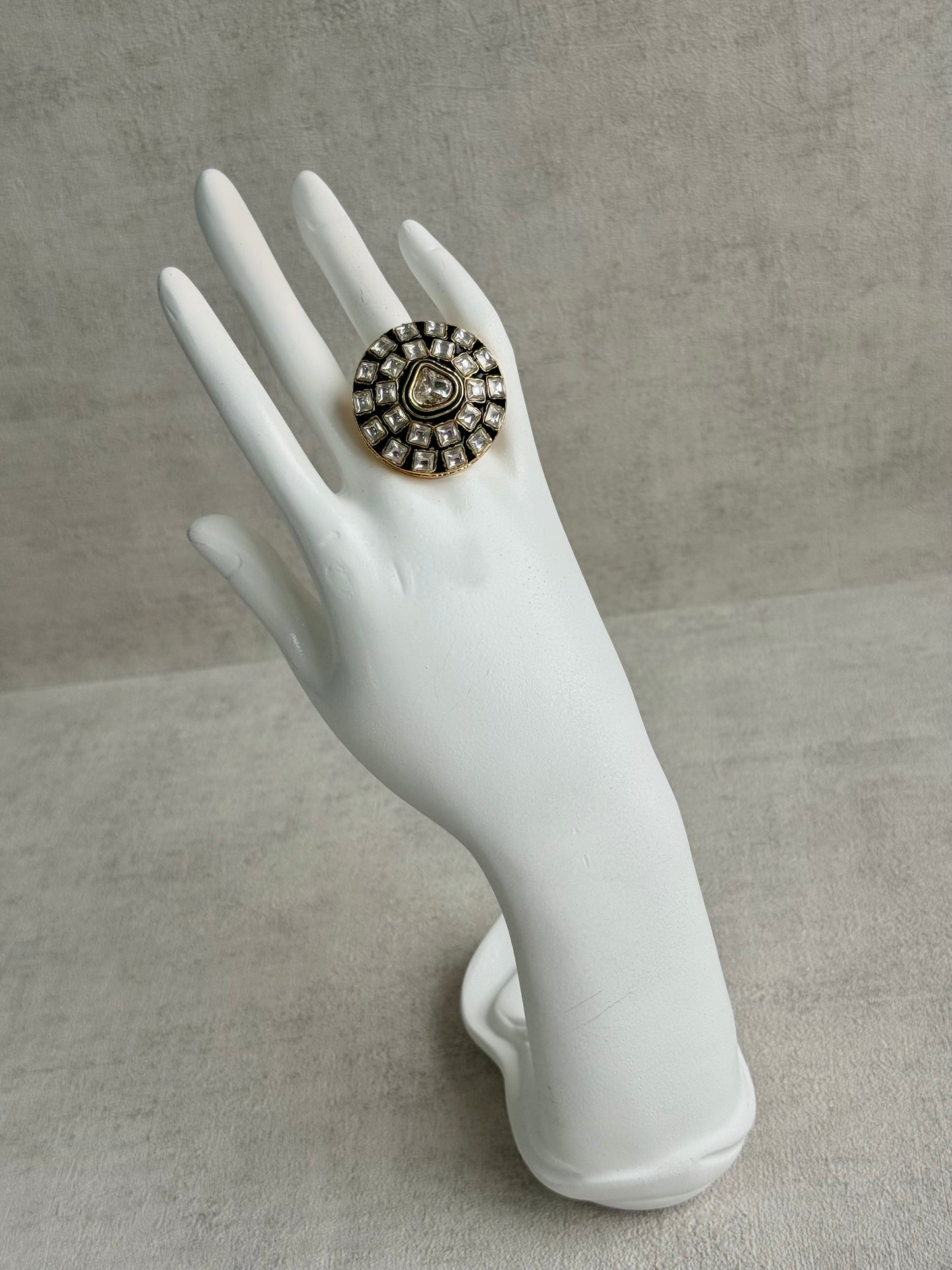 Ayura Designs Zaib Adjustable Ring – Mirror-Cut Stone with Green Enamel & Crystal Detailing