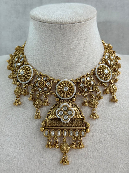 Ayura Designs Kriti Necklace Set with Earrings – Antique Gold Kundan Design with Ivory Pearls & Ghungroo Detailing