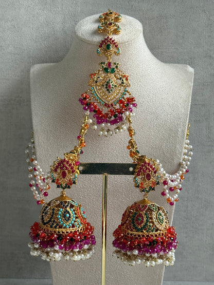Ayura Designs Safia Tikka Set with Sahare Earrings – Multicolour (Orange, Pink & Ivory Beads)