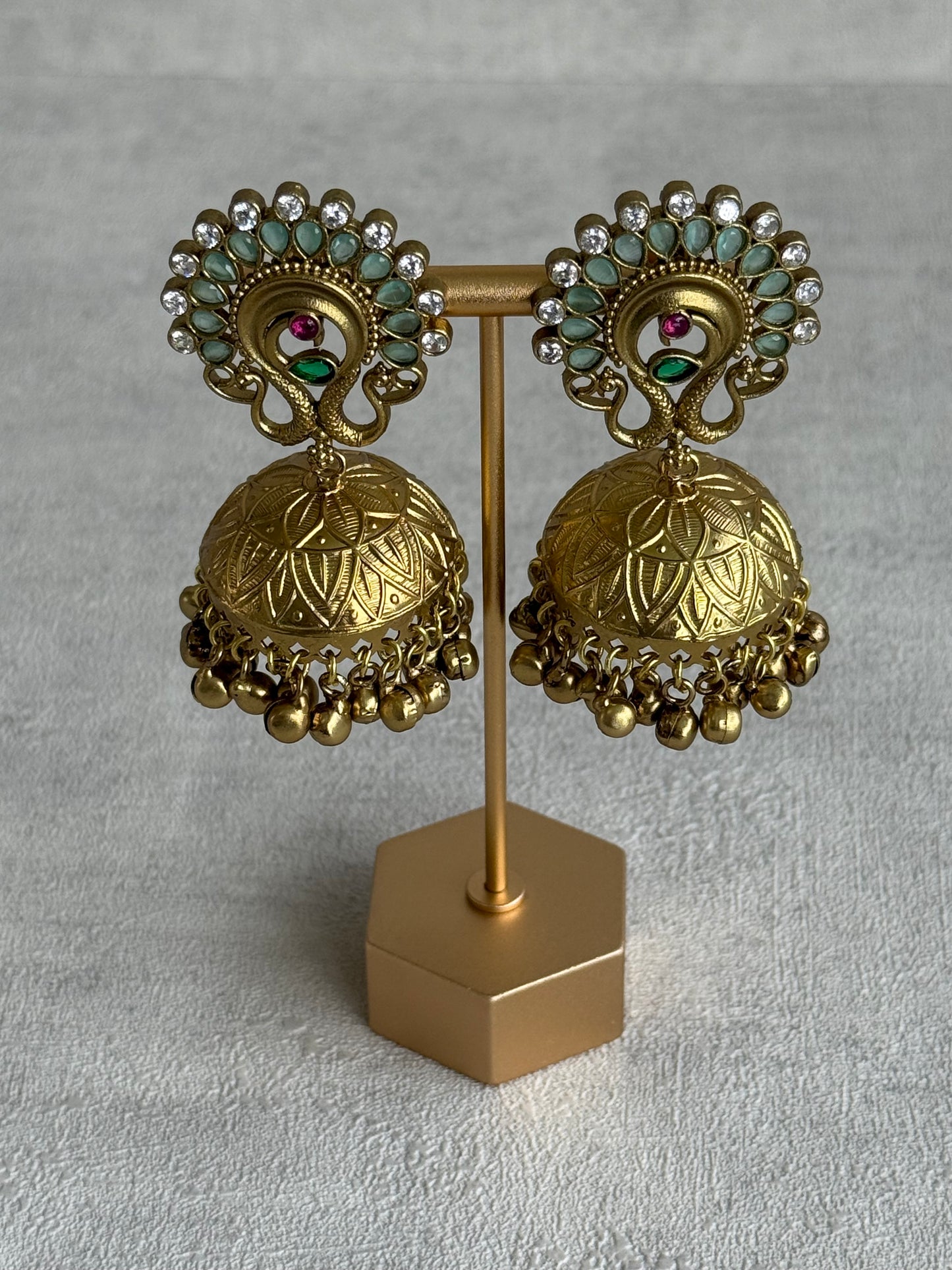 Ayura Designs Moraya Jhumkis – Mint Green Peacock Motif with Antique Gold Detailing