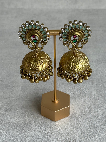 Ayura Designs Moraya Jhumkis – Mint Green Peacock Motif with Antique Gold Detailing