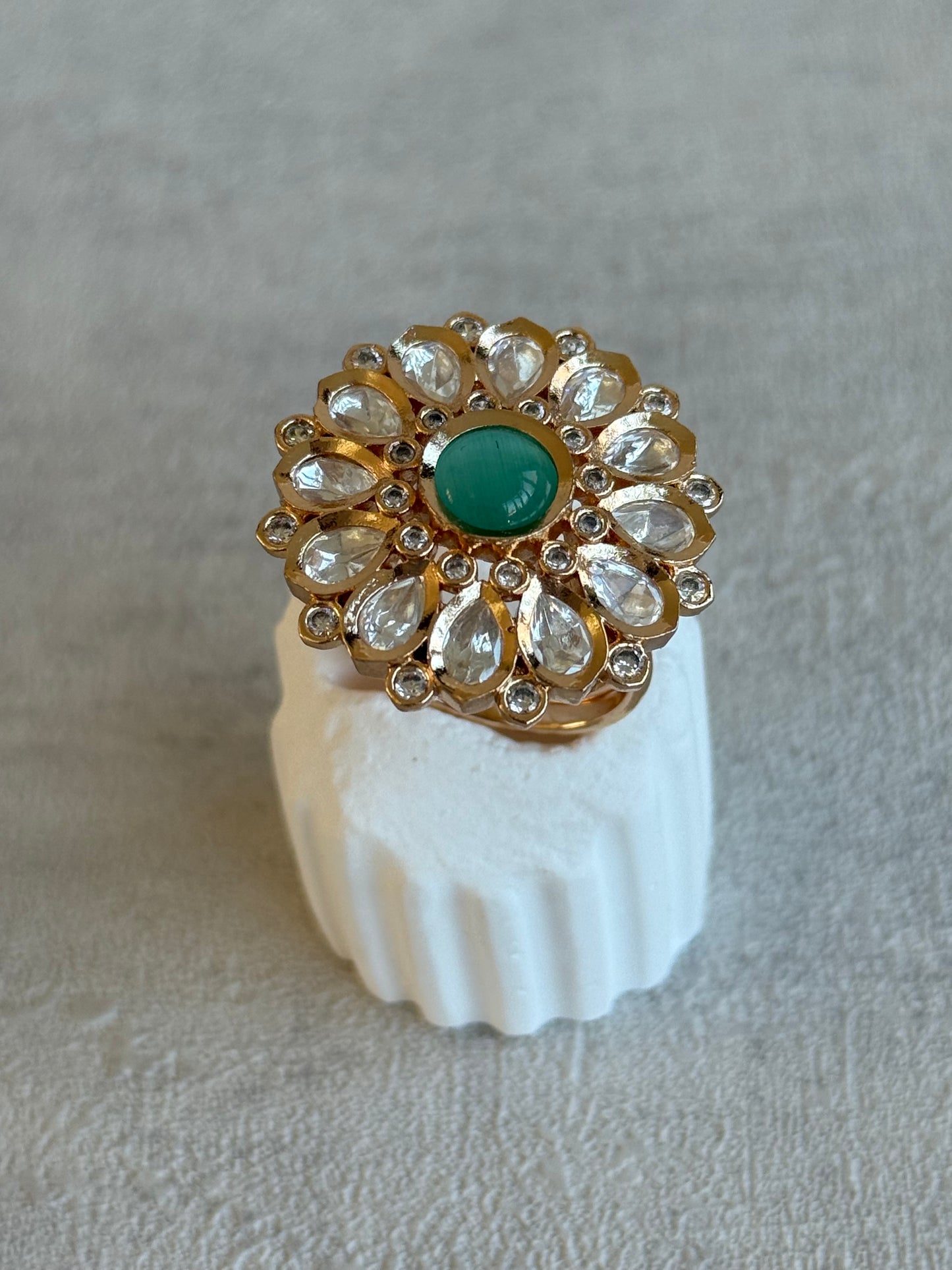 Ayura Designs Luisa Adjustable Ring – Mint Centre Stone with Crystal Petal Detailing