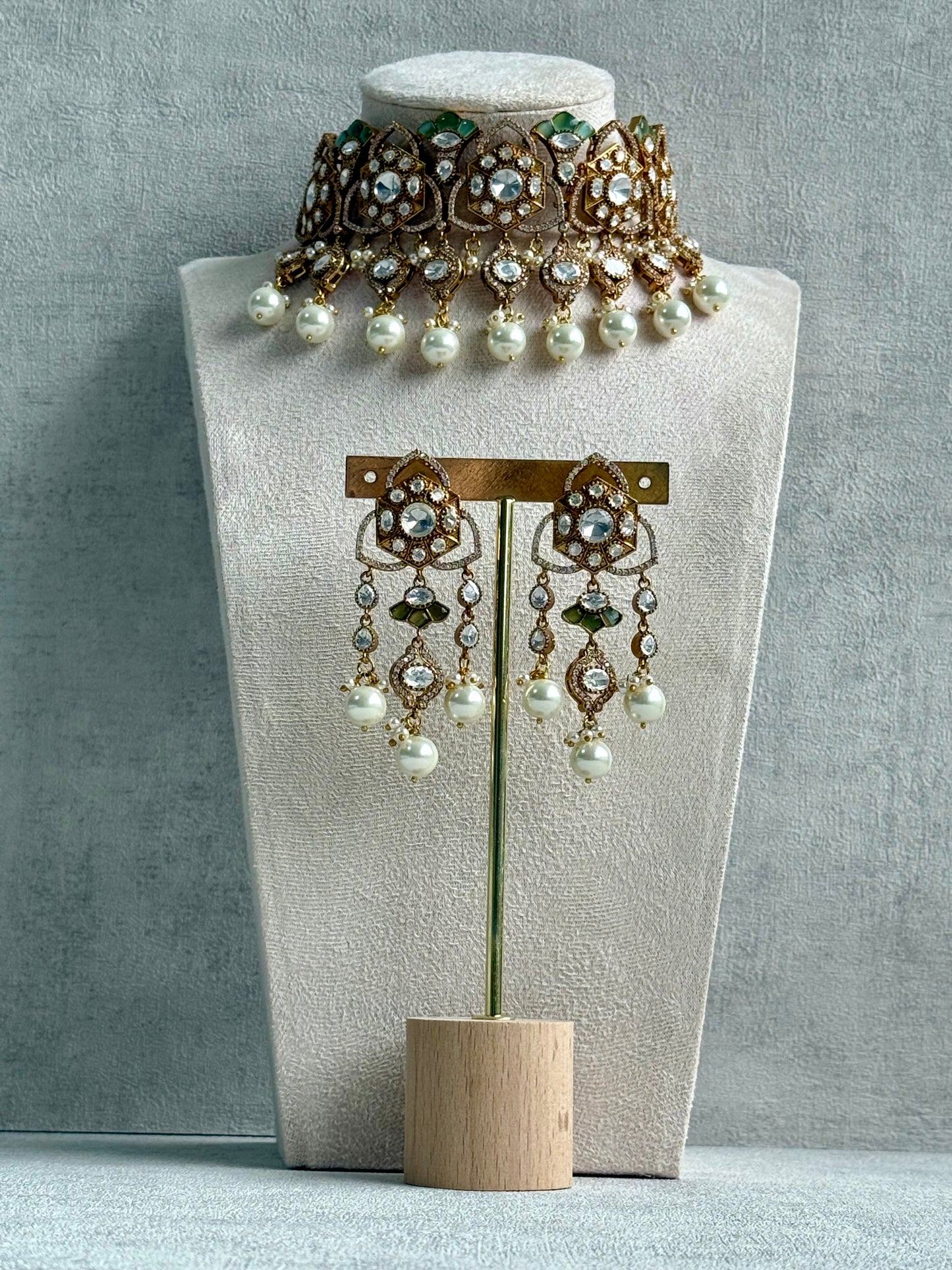 Ayura Designs Serina Choker Set with Earrings – Mint & Pistachio Enamel, Mirror-Cut Stones & Pearl Drops