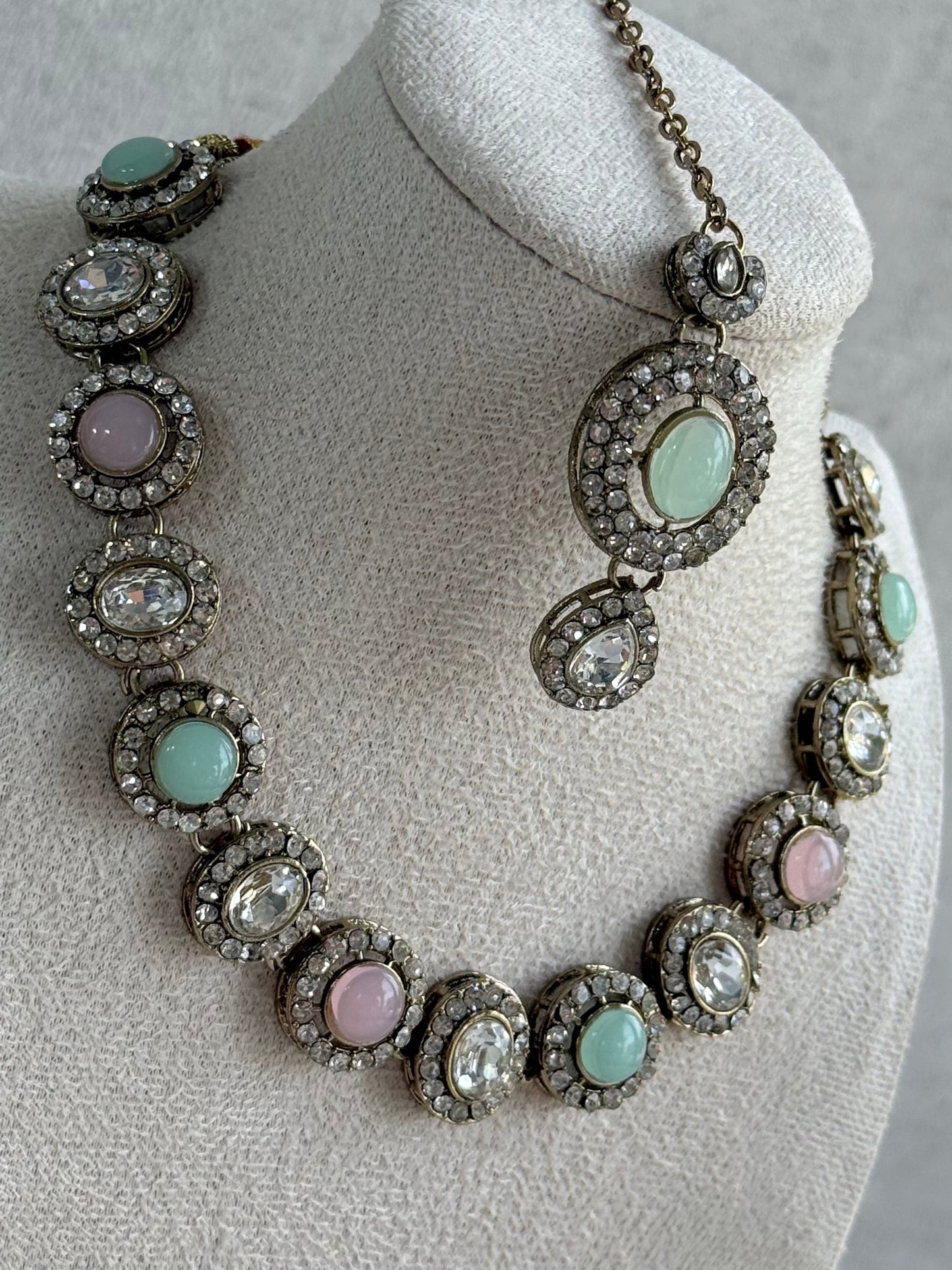 Ayura Designs Eira Necklace Set with Earrings & Tikka – Blush Pink, Mint Green & Crystal Stones with Antique Gold Finish