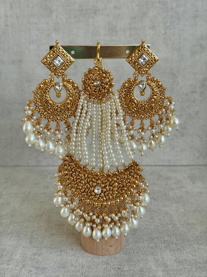 Ayura Designs Mannat Bridal Set with Choker, Haar, Earrings, Tikka & Passa – Ivory Pearls & Antique Gold Finish