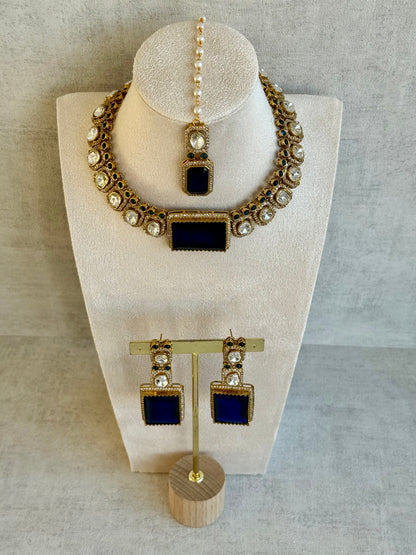 Ayura Designs Clara Set with Earrings & Tikka  – Royal Blue Stones with Moissanite and Antique Gold Finish
