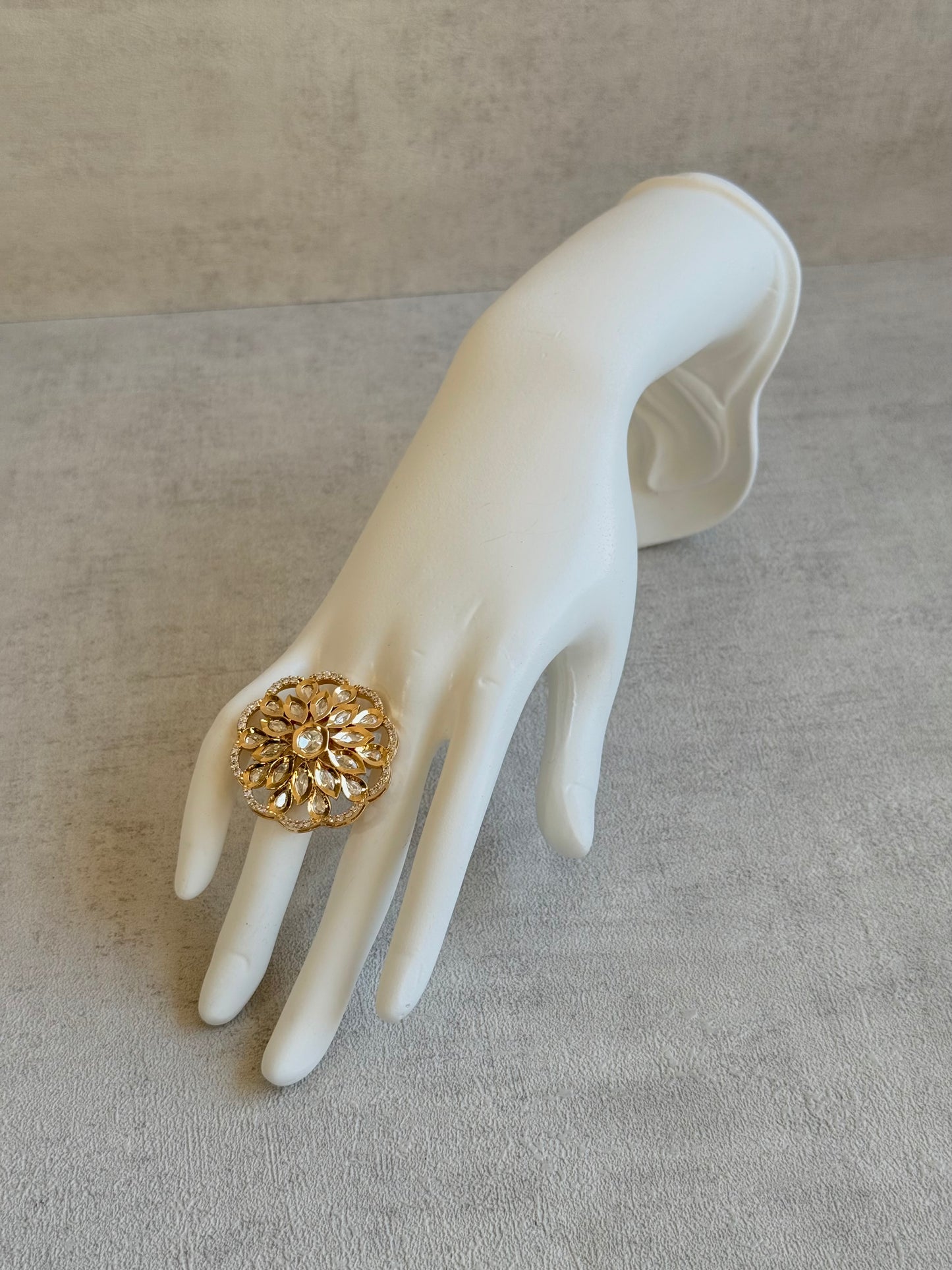 Ayura Designs Elisa Adjustable Ring – Moissanite Floral Ring with Clear Crystal Centre & Crystal Border