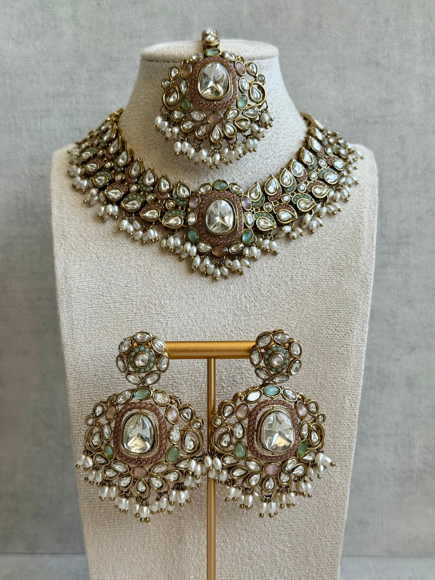 Ayura Designs Durriya Set with Earrings & Tikka – Antique Gold Finish, Mirror-Cut Stones & Pastel Pink, Mint & Ivory Enamel