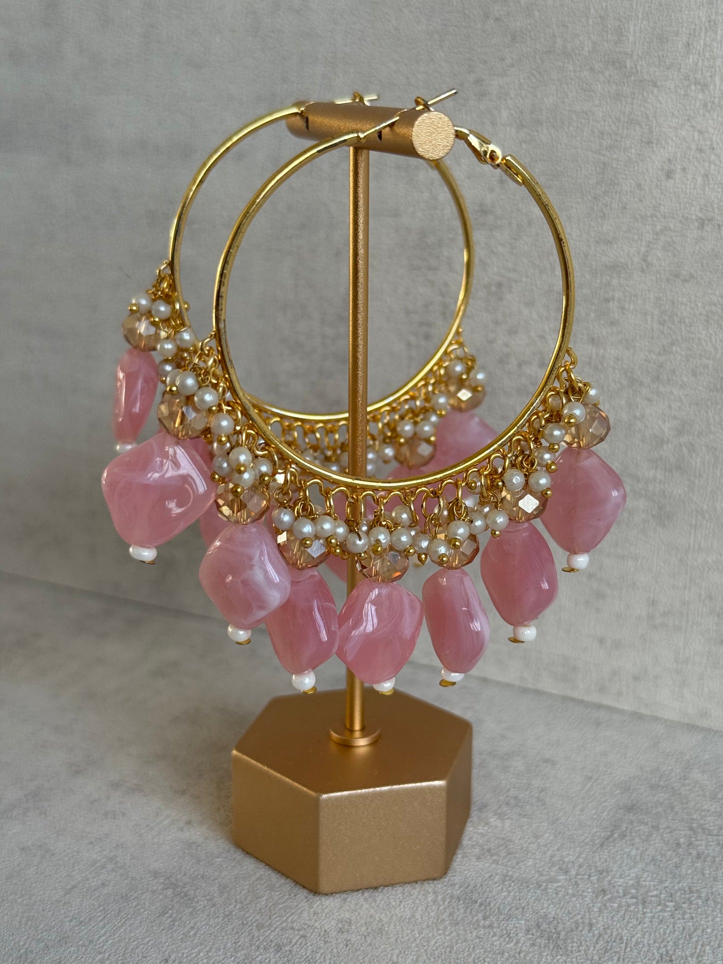 Ayura Designs Heer Balis – Gold Hoops with Baby Pink Marble Beads, Pearls & Crystal Detailing
