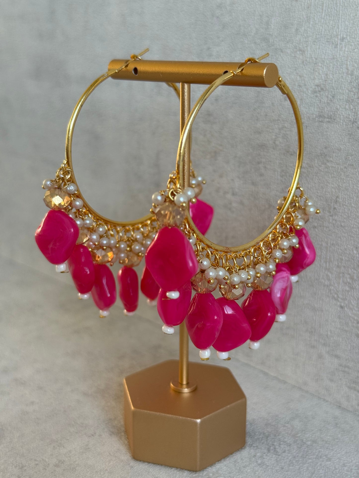Ayura Designs Heer Balis – Gold Hoops with Hot Pink Marble Beads, Pearls & Crystal Detailing