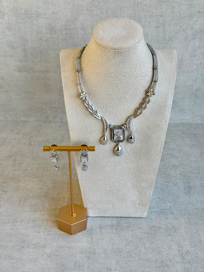 Ayura Designs Estrella Set with Necklace & Earrings – Silver Finish, Moissanite-Inspired Stones and Teardrop Charms