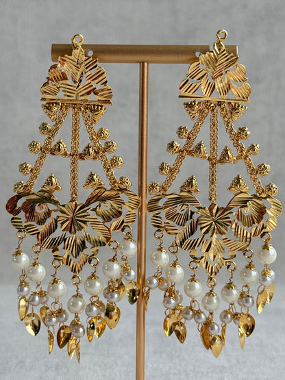 Ayura Designs Jasira Necklace Set with Earrings & Tikka – Pippal Patti Design with Swan & Peacock Motifs, Ivory Pearls & Gold Finish