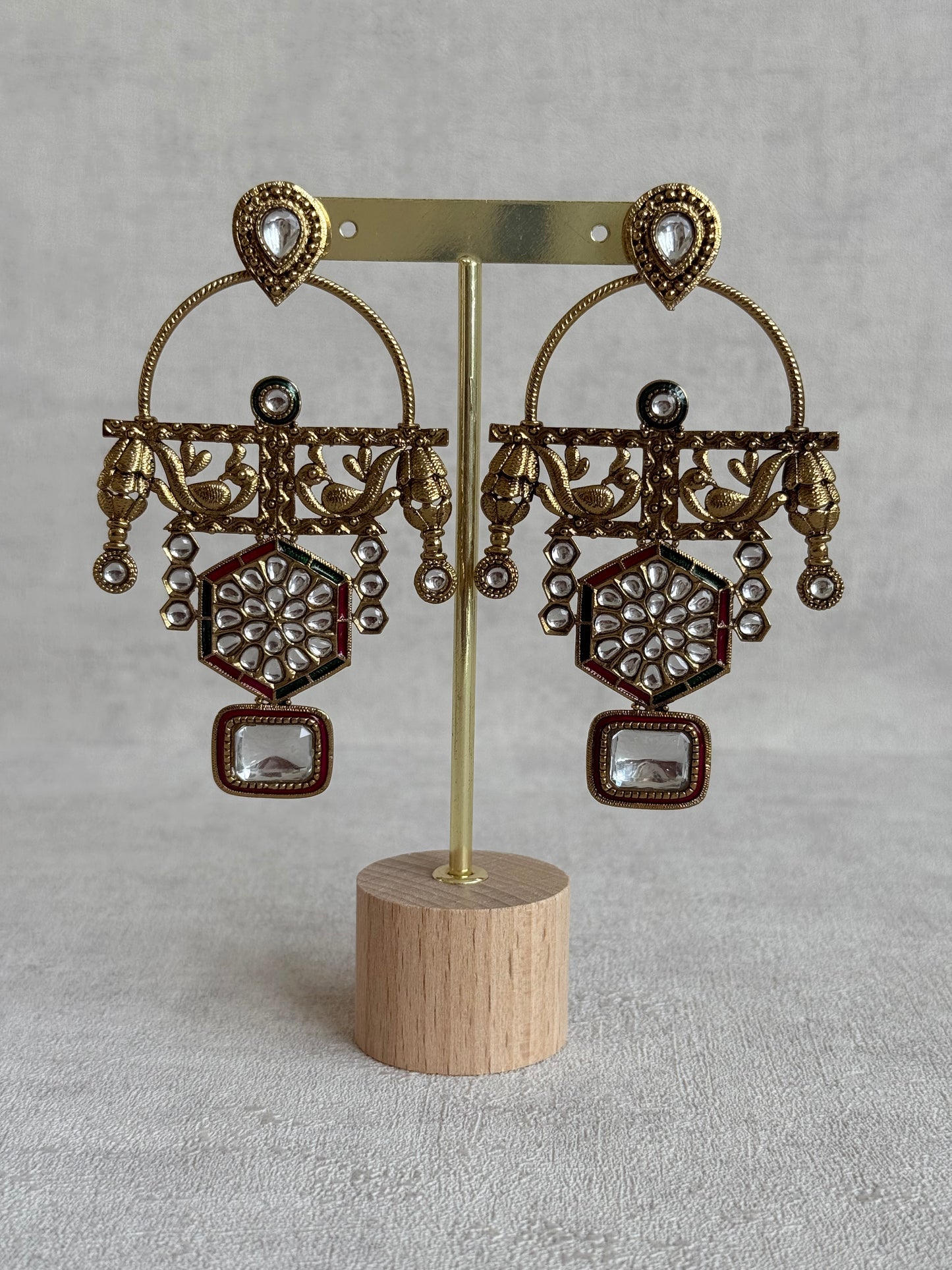 Ayura Designs Irene Earrings – Green & Pink Kundan, Meenakari & Crystal Peacock Chandeliers in Gold