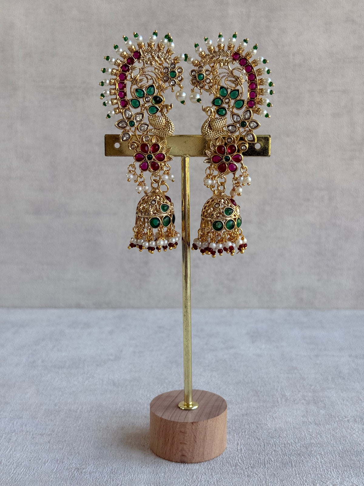 Ayura Designs Nitya Kaanphool Jhumkis – Gold Half Ear Cuff Earrings, Peacock Motifs, Pink & Emerald Green Kundan, Pearl Drops & Sahare