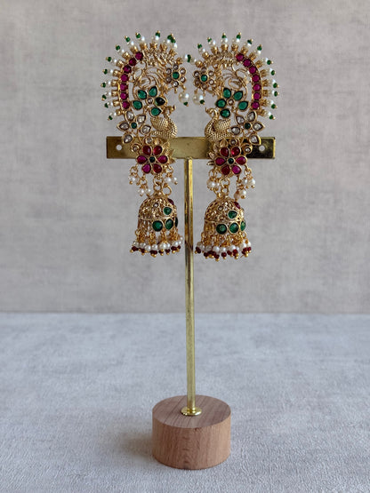 Ayura Designs Nitya Kaanphool Jhumkis – Gold Half Ear Cuff Earrings, Peacock Motifs, Pink & Emerald Green Kundan, Pearl Drops & Sahare