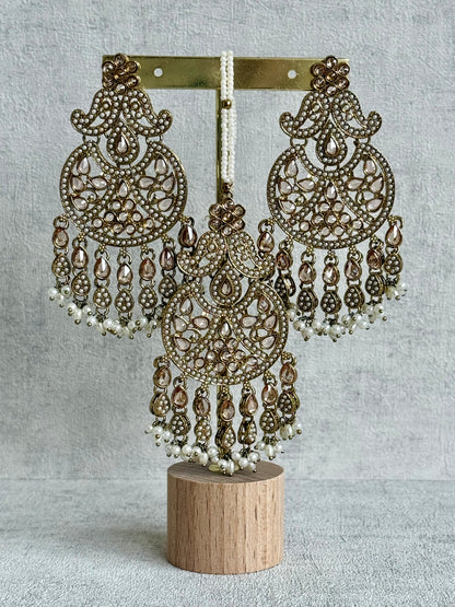 Ayura Designs Anvi Tikka Set with Earrings – Champagne Stones with Ivory Pearl Drops