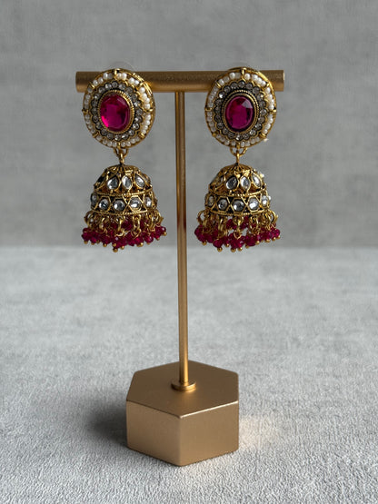 Ayura Designs Muskaan Set – Choker, Jhumkis & Tikka with Fuchsia Beads, Kundan Stones & Antique Gold Finish