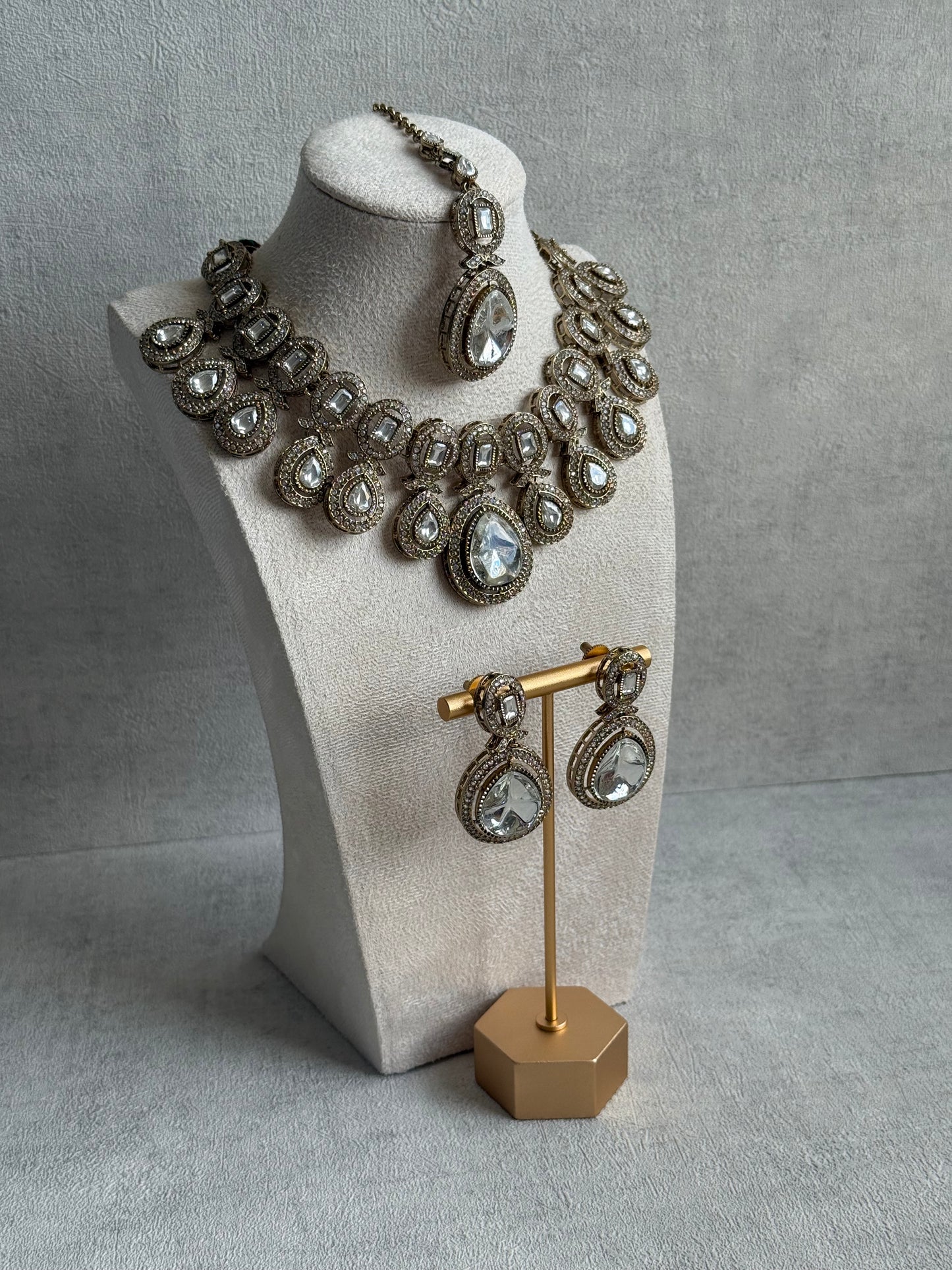 Ayura Designs Aurora Set with Earrings & Tikka – Silver Mirror-Cut Stones & Antique Gold Finish