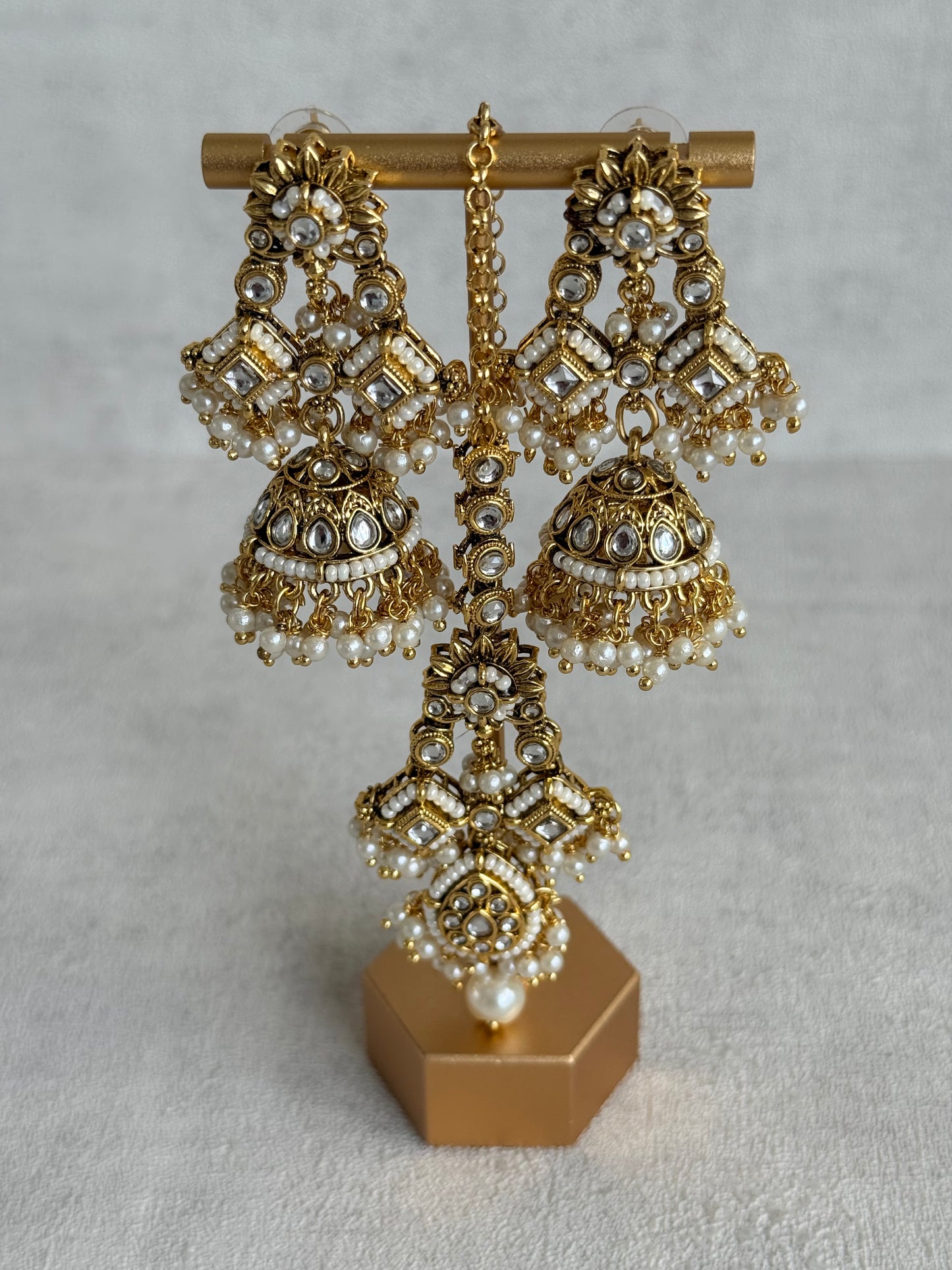 Ayura Designs Ania Tikka Set with Jhumkis – Pearl, Kundan & Gold Detailing