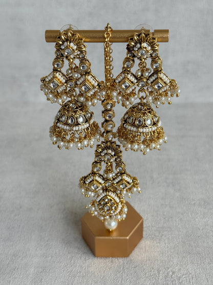 Ayura Designs Ania Tikka Set with Jhumkis – Pearl, Kundan & Gold Detailing