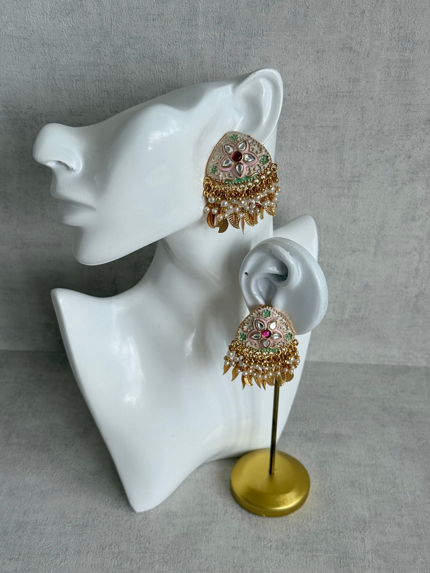 Ayura Designs Rozina Earrings – Floral Meenakari Earrings with Ruby Pink Centre Stone, Pearl Clusters & Gold Leaf Charms