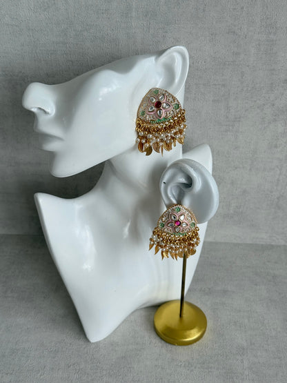 Ayura Designs Rozina Earrings – Floral Meenakari Earrings with Ruby Pink Centre Stone, Pearl Clusters & Gold Leaf Charms