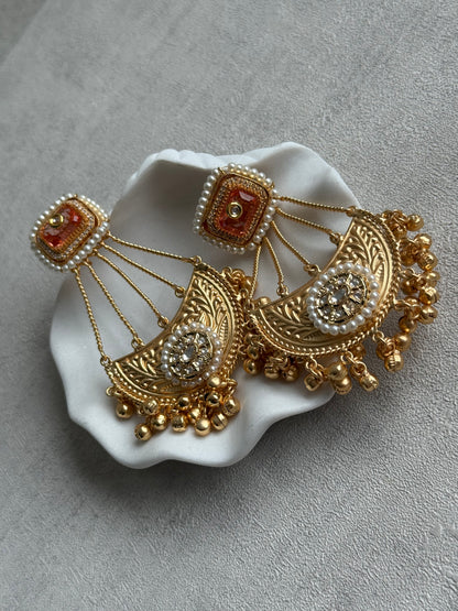 Ayura Designs Jheel Earrings – Amber Half-Moon Drops with Pearl Edging & Golden Ghungroos