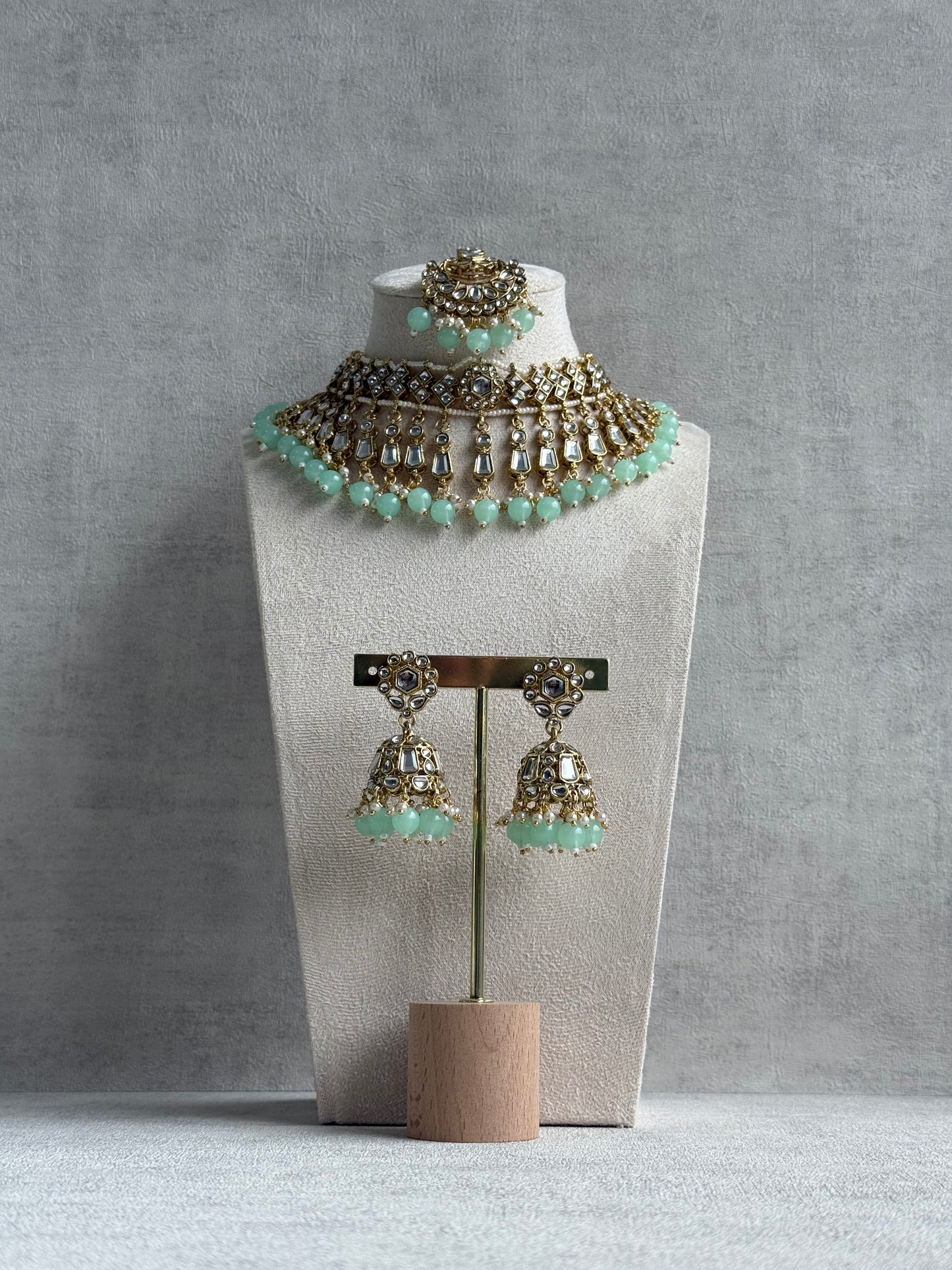 Ayura Designs Shaheen Set with Jhumkis & Tikka – Pistachio Green Beads, Mirror Kundan & Gold Finish