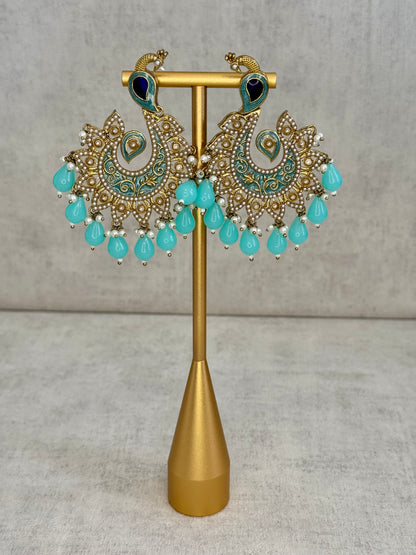 Ayura Designs Moorni Earrings – Peacock-Inspired Chandbalis with Aqua Blue Meenakari, Kundan, and Pearl Accents