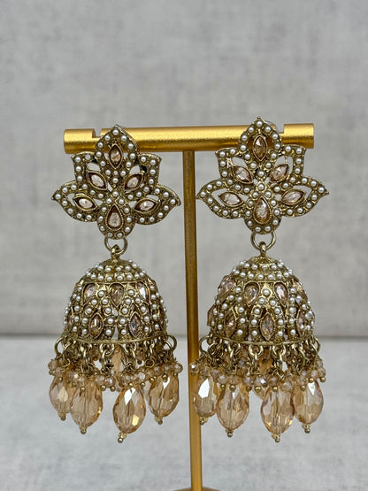 Ayura Designs Wafa Jhumkis – Gold & Champagne Crystal Elegance