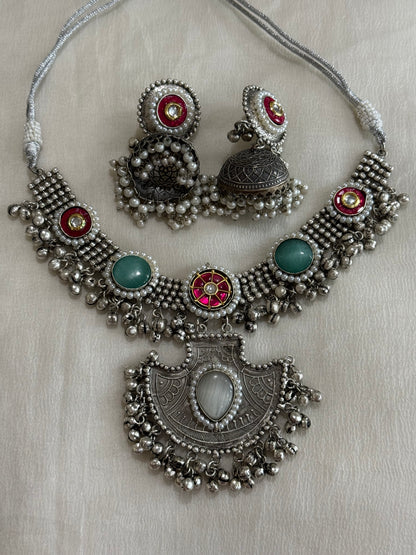Ayura Designs Zareefa Necklace Set with Jhumkis – Oxidised Silver Pendant Necklace with Multicolour Stones, Pearl Detailing & Ghungroo Accents