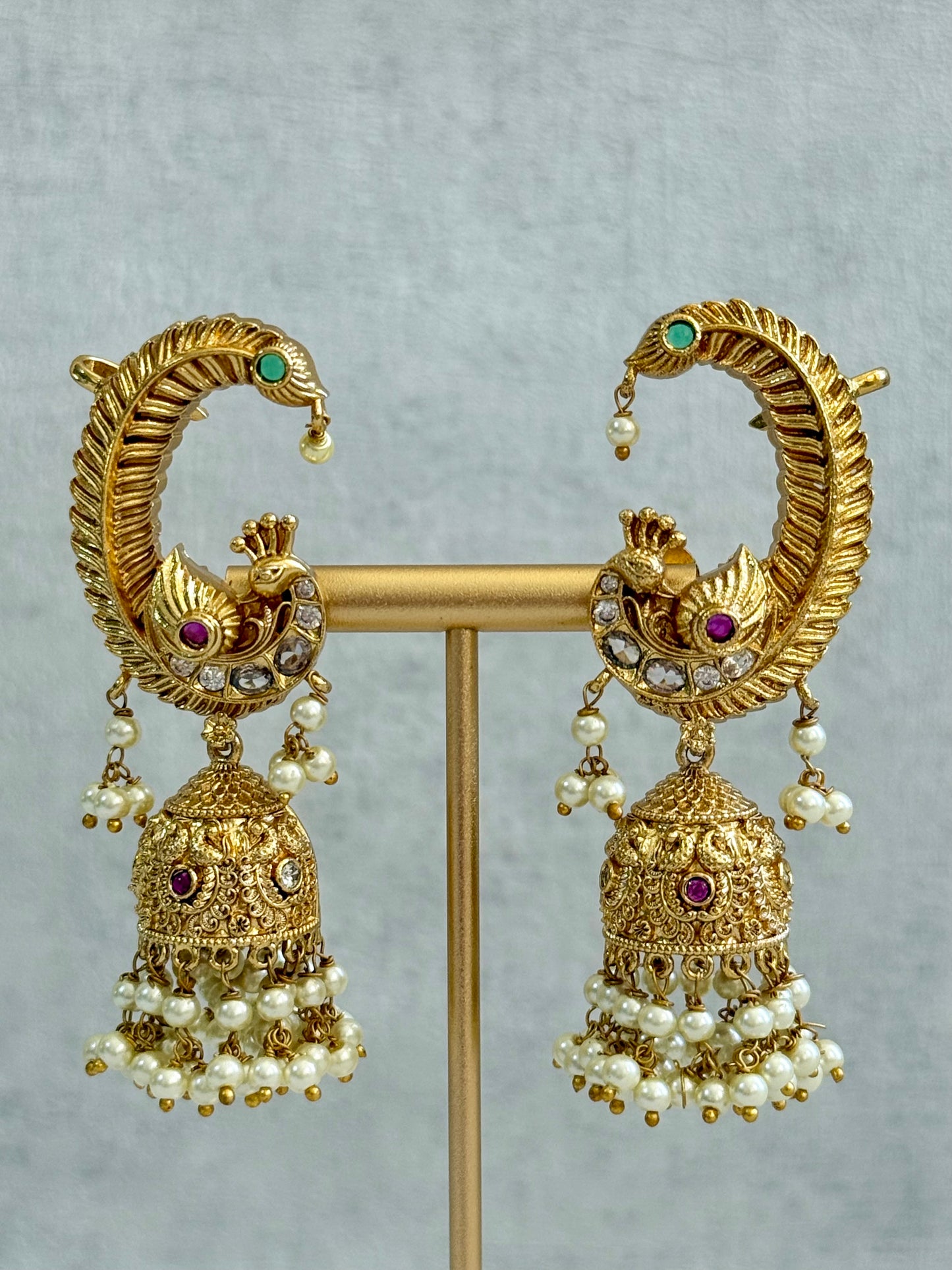 Ayura Designs Mythili Jhumkis – Half Ear Cuffs in Antique Gold with Peacock Design, Pink & Emerald Green Stones and Pearl Drops