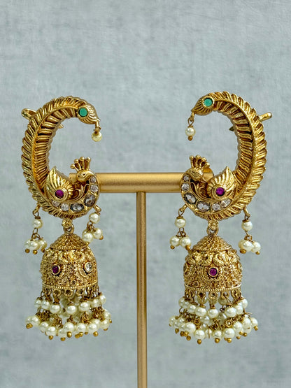 Ayura Designs Mythili Jhumkis – Half Ear Cuffs in Antique Gold with Peacock Design, Pink & Emerald Green Stones and Pearl Drops