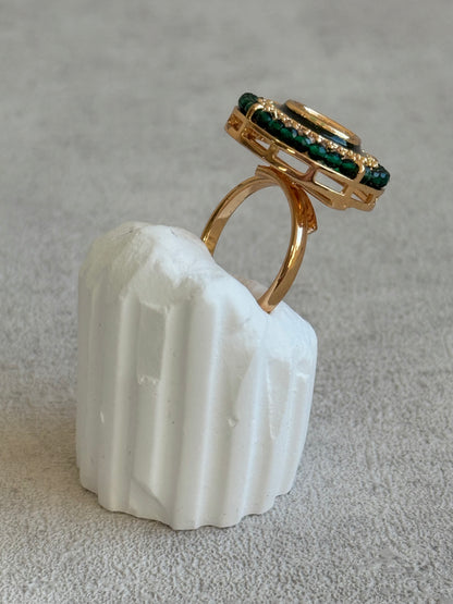 Ayura Designs Roselle Adjustable Ring – Moissanite Centre with Crystal Border & Emerald Green Beads