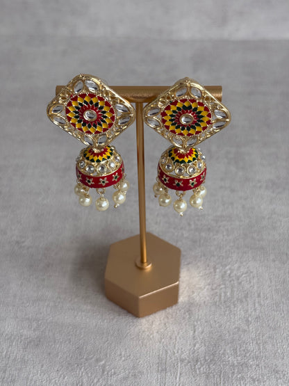 Ayura Designs Rangoli Jhumkis – Marigold Yellow, Deep Red & Forest Green Meenakari with Pearl Drops in Antique Gold Finish