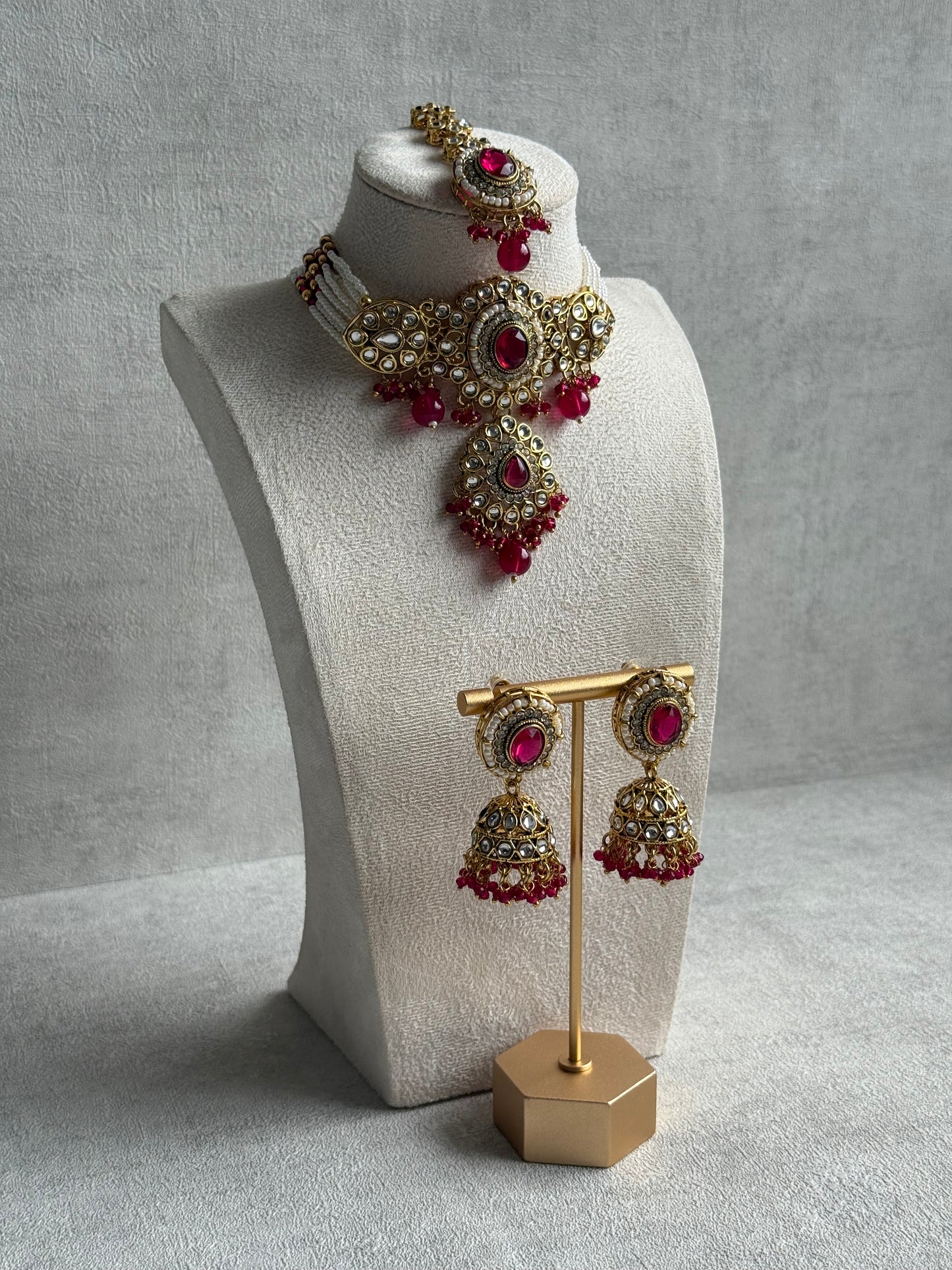 Ayura Designs Muskaan Set – Choker, Jhumkis & Tikka with Fuchsia Beads, Kundan Stones & Antique Gold Finish