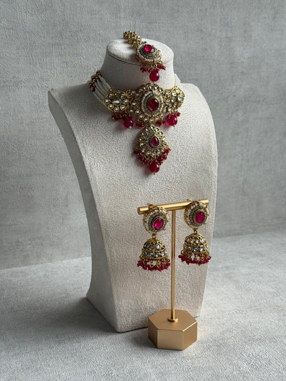 Ayura Designs Muskaan Set – Choker, Jhumkis & Tikka with Fuchsia Beads, Kundan Stones & Antique Gold Finish