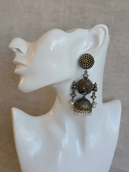 Ayura Designs Elaf Jhumki Earrings – Oxidised Silver Jhumkis with Peacock Motifs, Turquoise Stones & Pearl Drops