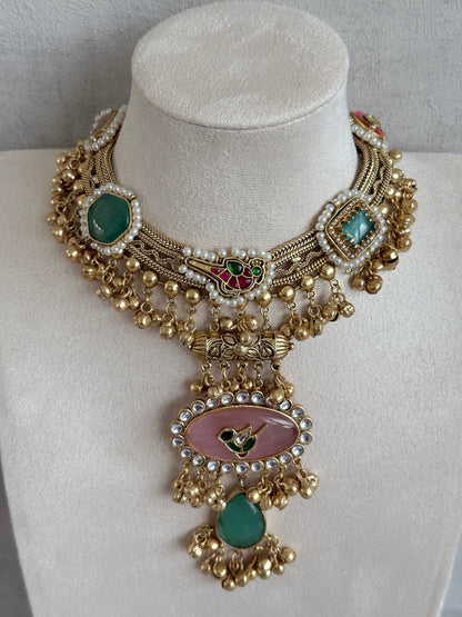 Ayura Designs Ahista Necklace Set with Earrings – Statement Pendant Necklace with Pink & Aqua Green Cat Eye Stones, Pearl Detailing & Ghungroo Accents