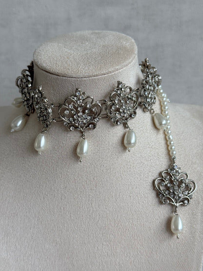 Ayura Designs Alina Choker Set with Earrings & Tikka – Silver Crystal Floral Choker with Pearl Drops