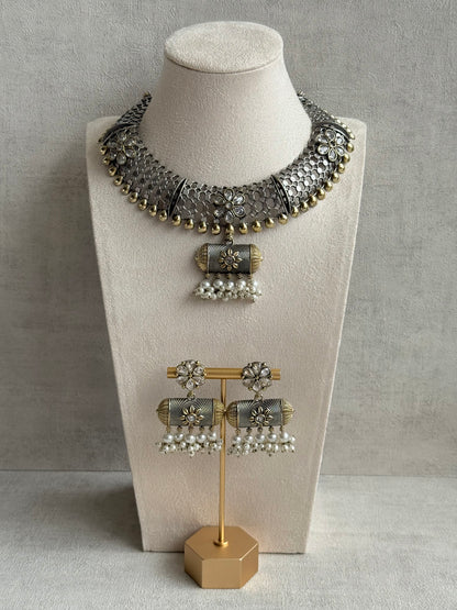 Ayura Designs Taal Necklace Set with Earrings & Tikka – Dual Tone Oxidised Mesh Necklace with Barrel Motifs & Pearl Detailing