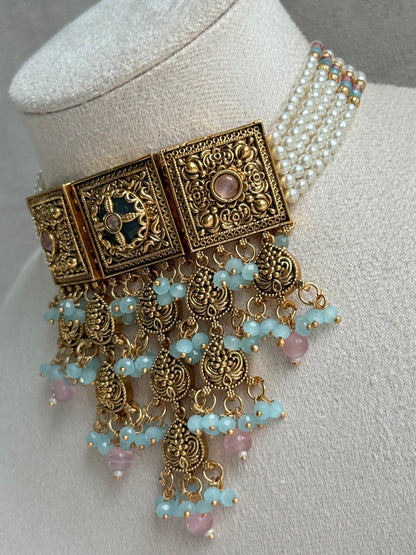 Ayura Designs Samera Choker Set with Earrings & Tikka – Aqua Blue & Blush Pink Beads, Green Centre Stone, Floral Motifs & Antique Gold Finish