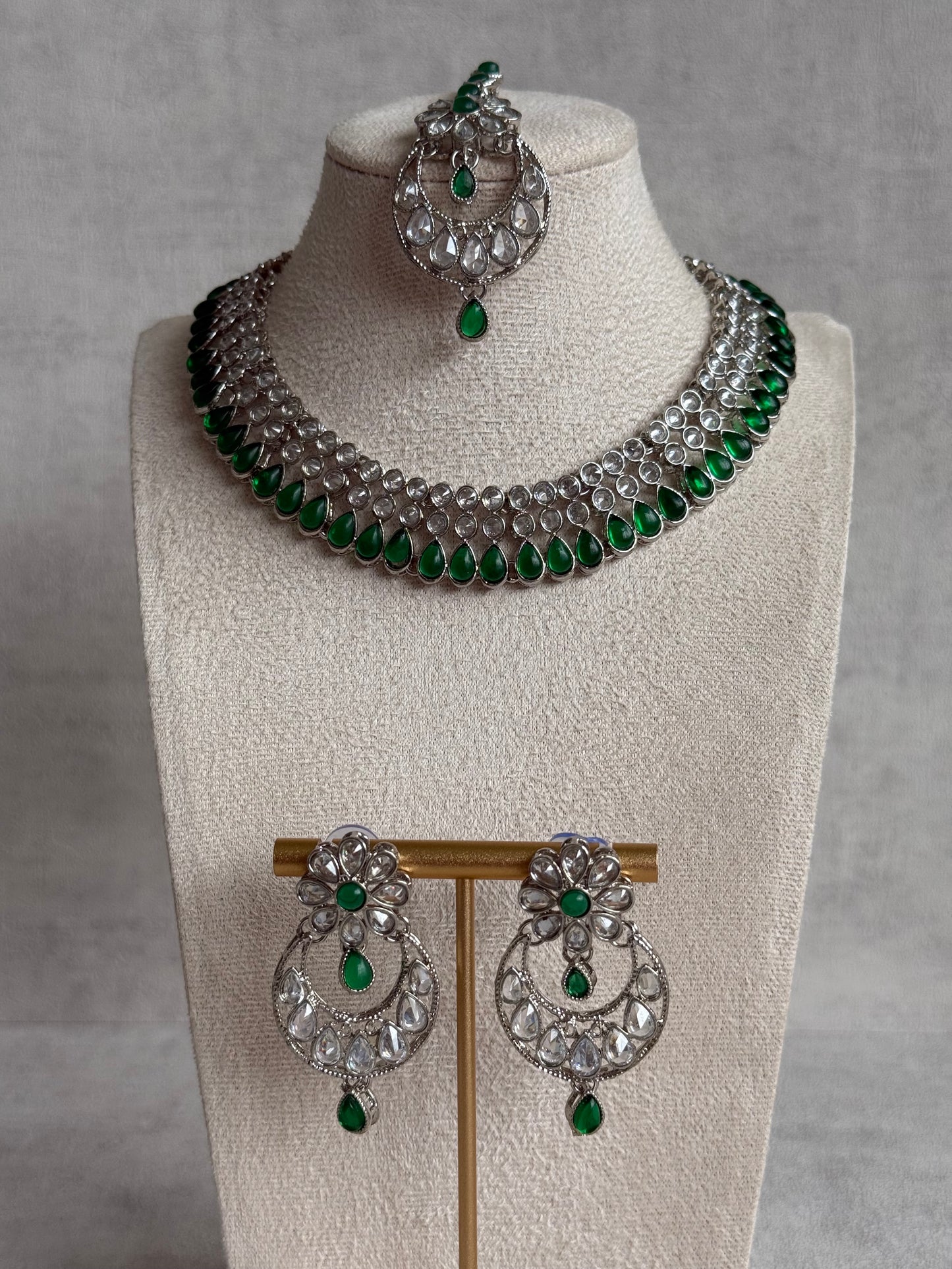 Ayura Designs Qirat Set with Necklace, Earrings & Tikka – Mirror-Cut Stones with Emerald Green Detailing in Silver Finish