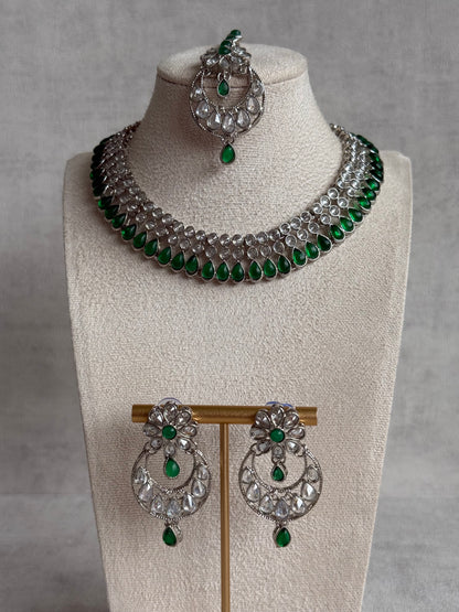 Ayura Designs Qirat Set with Necklace, Earrings & Tikka – Mirror-Cut Stones with Emerald Green Detailing in Silver Finish