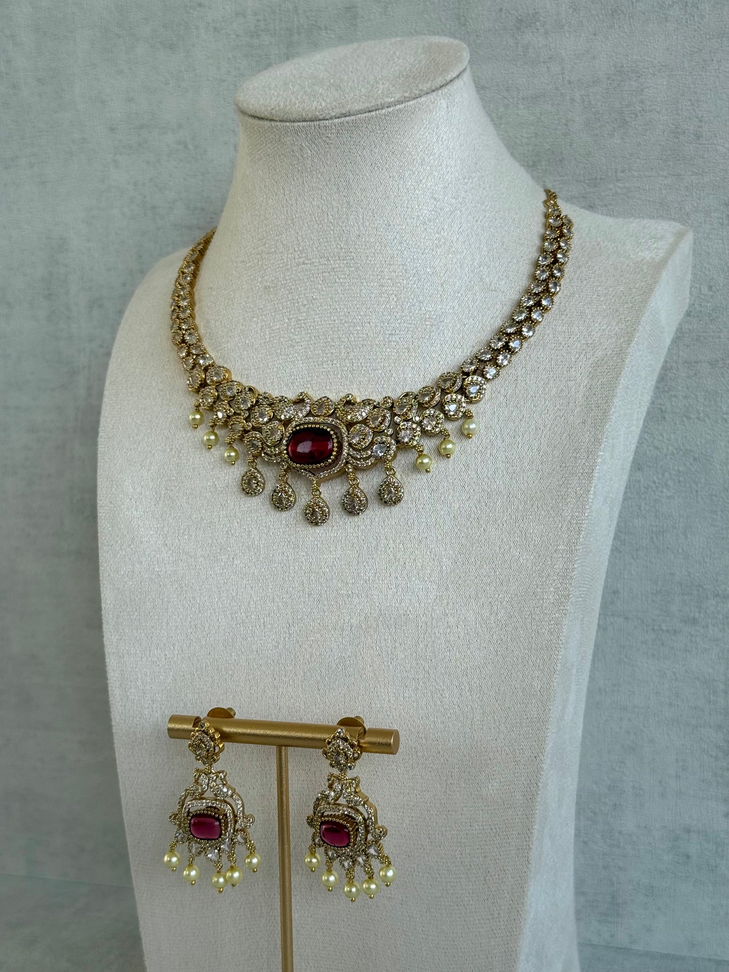 Ayura Designs Amreen Set with Earrings – Interchangeable Centre Stones with Peacock Motifs, Crystal Detailing & Pearl Drops