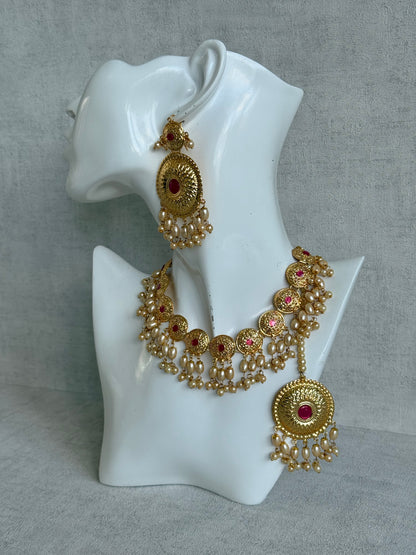 Ayura Designs Jyoti Set with Earrings & Tikka – Gold Disc Necklace with Ruby Pink & Pearl Detailing