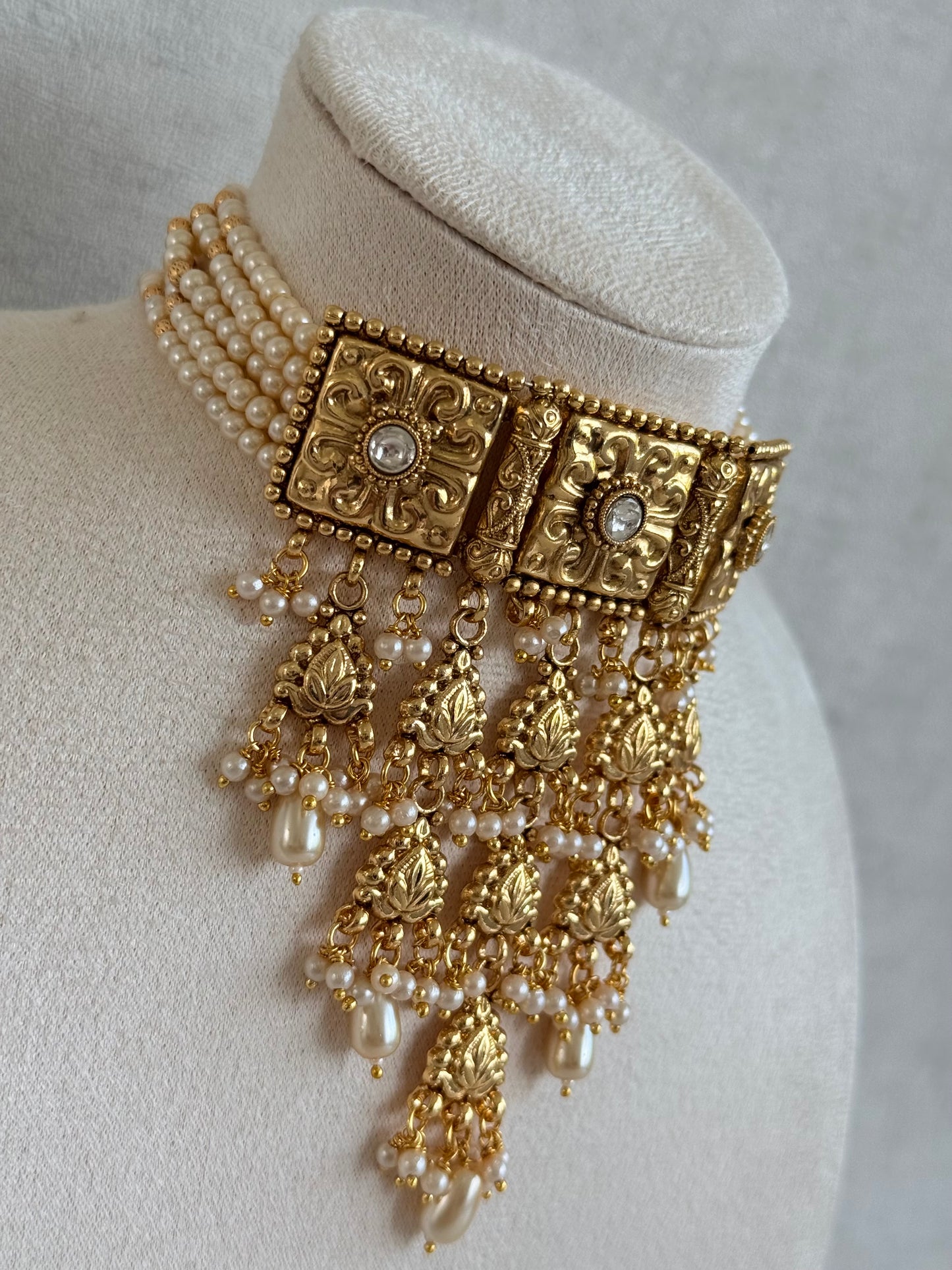 Ayura Designs Nimrah Choker Set with Earrings & Tikka – Ivory Pearl Gold Tone Waterfall Jewellery Set