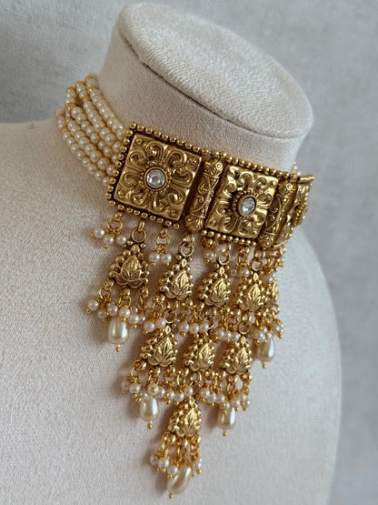 Ayura Designs Nimrah Choker Set with Earrings & Tikka – Ivory Pearl Gold Tone Waterfall Jewellery Set