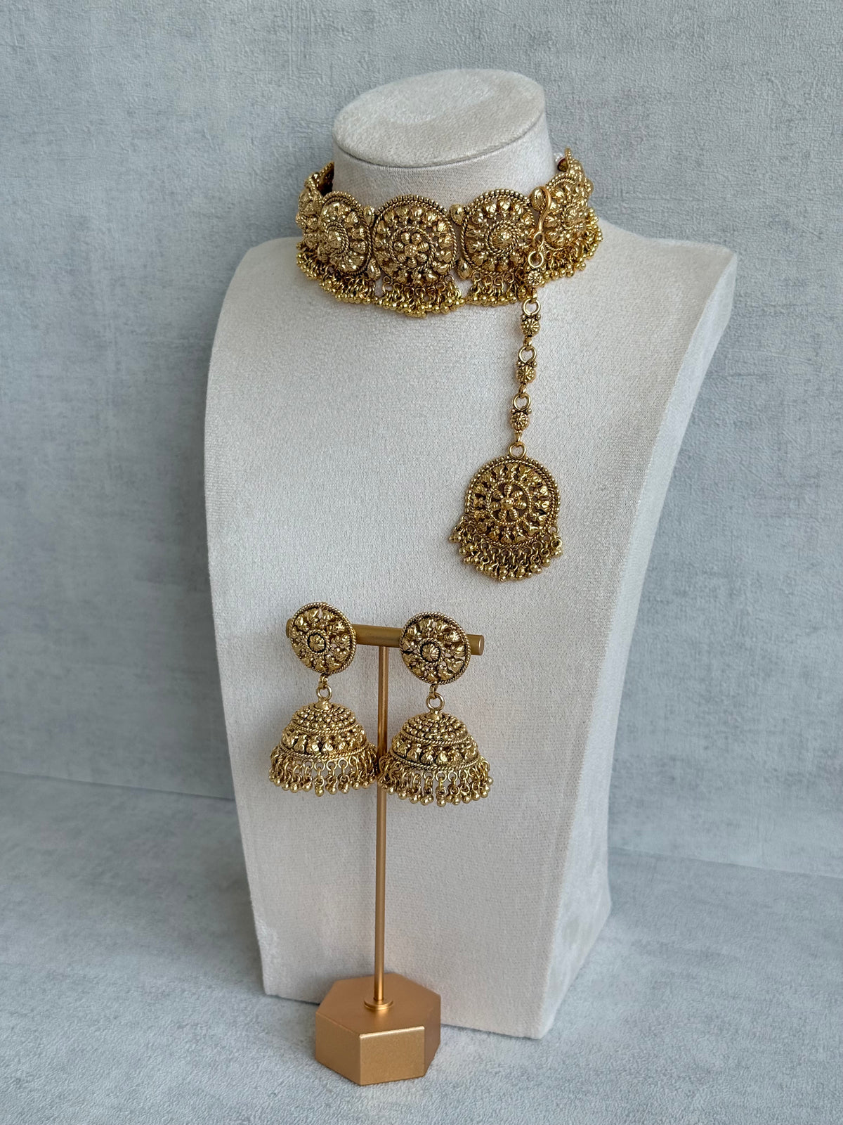 Ayura Designs Nawabi Choker Set with Jhumkis & Tikka – Traditional Gold Tone Bridal Choker with Floral Motifs & Ghungroo Detailing