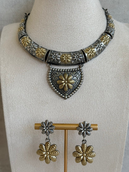Ayura Designs Andaaz Set with Earrings – Dual Tone Oxidised Floral Necklace Set